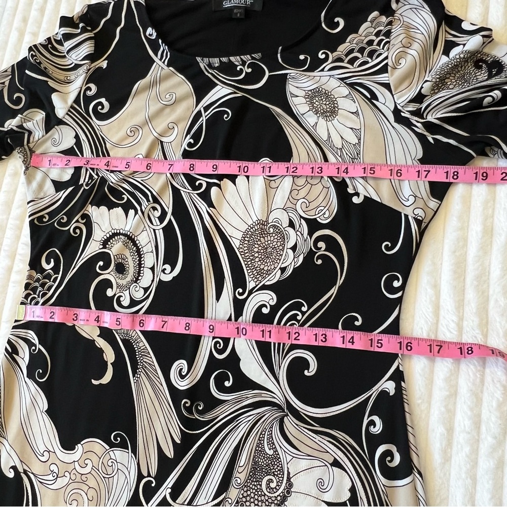 Glamour women black white tan floral midi dress trumpet sleeve round neck Sz 8 - Picture 14 of 16